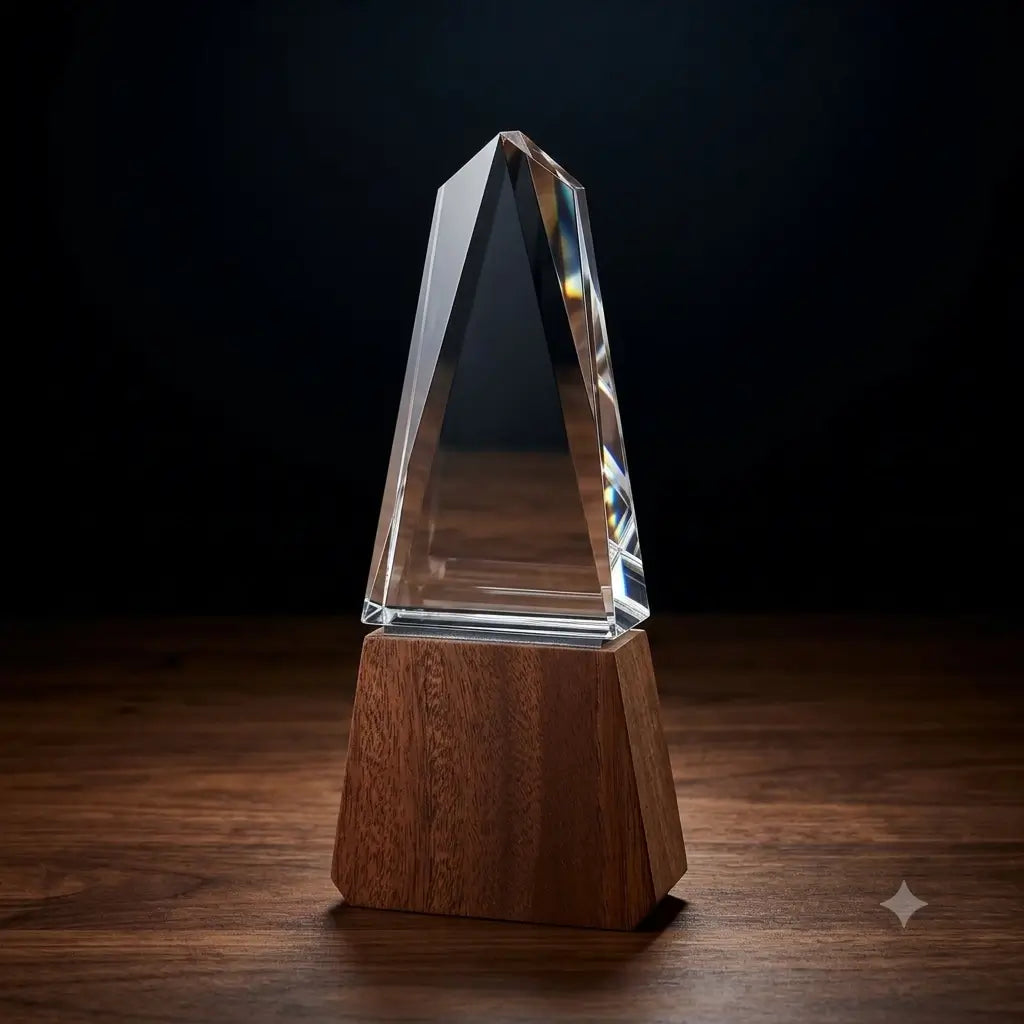 CRYSTAL AWARD WITH DARK TAPERED WOODEN BASE 38--2