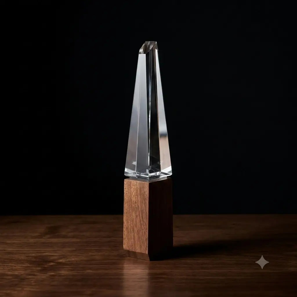 CRYSTAL AWARD WITH DARK TAPERED WOODEN BASE 38--2