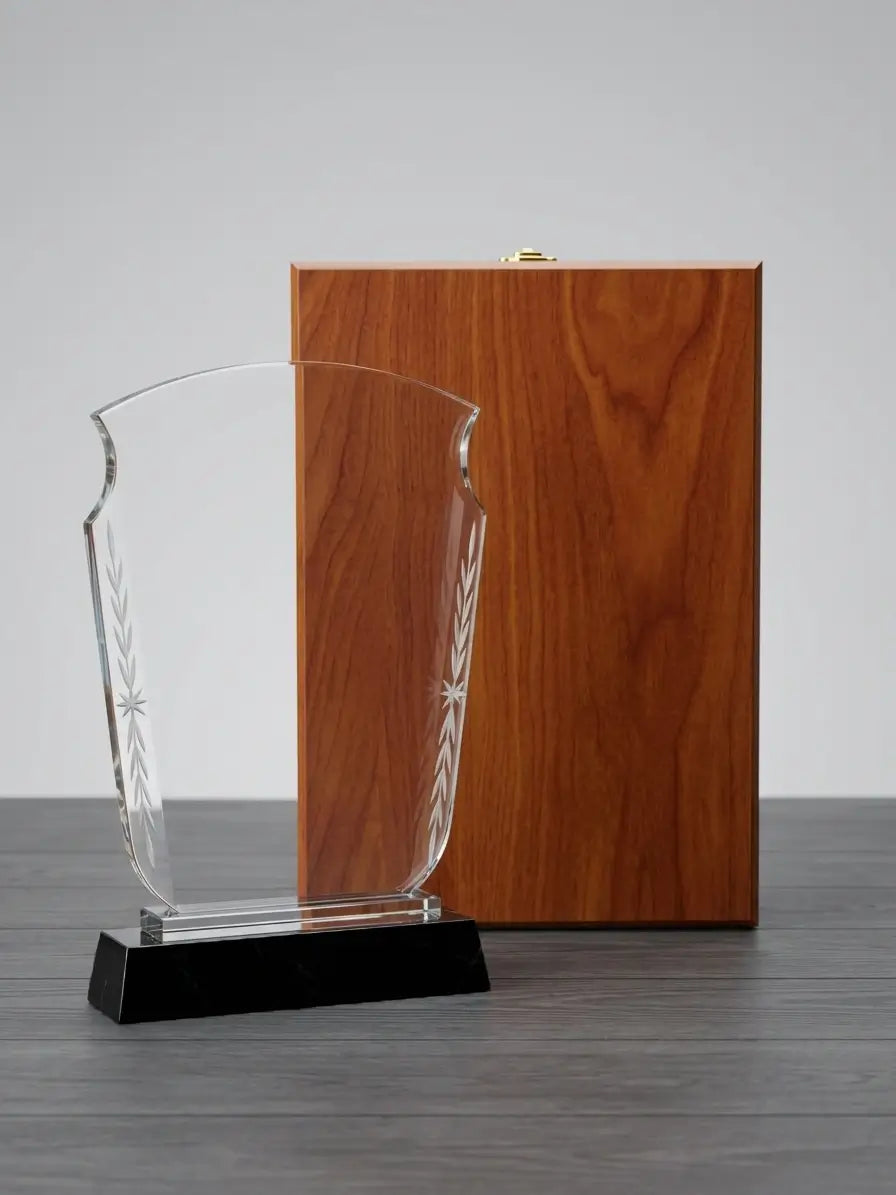 Clear Crystal Award With Black BASE And Wooden Box C-1207