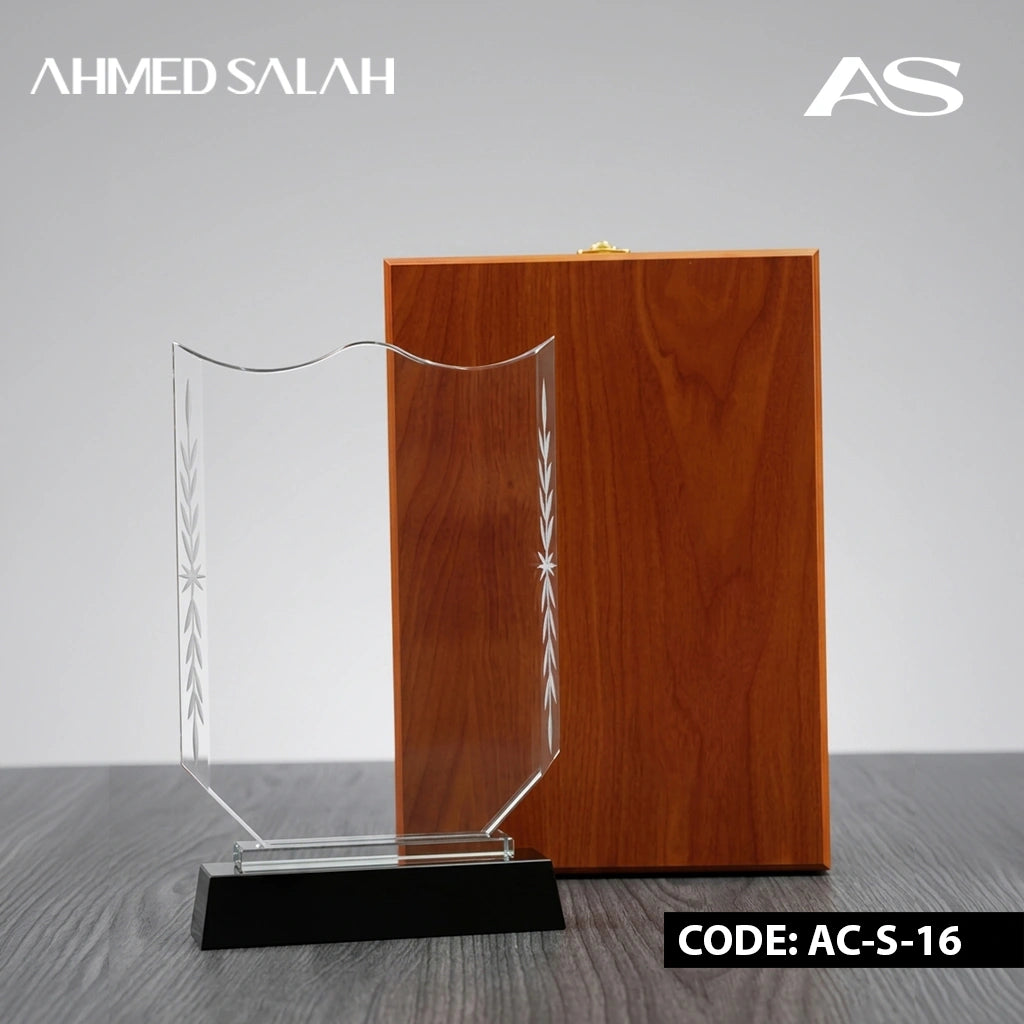 Barcelona Crystal Award with Black Base & Wooden Gift Box C-1209 ( WHOLESALE )